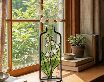May Birth Flower Lily of the Valley Vase | Personalized Mother's Day Gift for Mom | Custom Stained Glass Suncatcher | Floral Decor