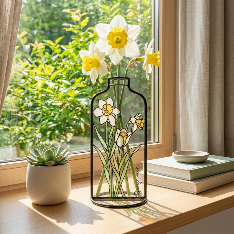 Op de afbeelding: Een heldere glazen vaas met een zwart metalen frame, met witte en gele narcissen. De vaas heeft een decoratief narcissenontwerp. Een kleine vetplant in een witte pot staat in de buurt. De vaas is ongeveer 25 cm hoog.