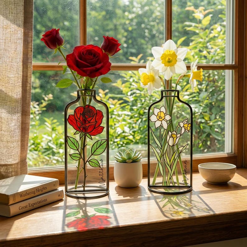 Op de afbeelding: Twee decoratieve glazen vazen met zwarte metalen frames, een met rode rozen en de andere met witte en gele narcissen. De vazen staan op een houten vensterbank, met een kleine vetplant en een kom.