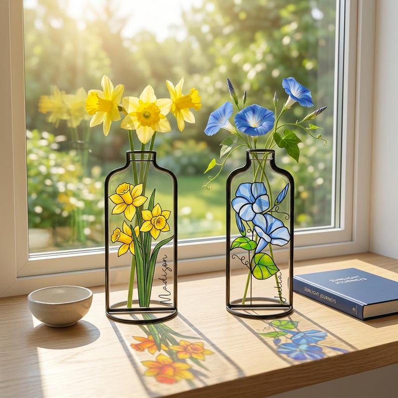 Op de afbeelding: Twee decoratieve glazen vazen met zwarte metalen frames, elk met bloemen. E&eacute;n vaas heeft gele narcissen, de andere blauwe winde. Het woord "Madison" staat op &eacute;&eacute;n vaas en "Julia" op de andere.