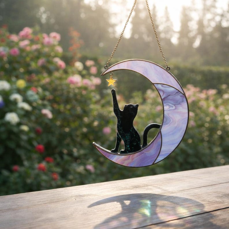 Stained Glass Cat on Moon Suncatcher, Celestial Window Decor - Etsy