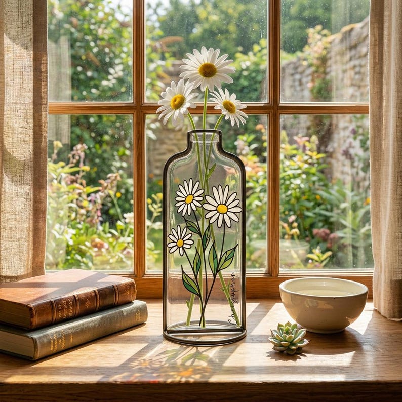 Op de afbeelding: Een heldere glazen vaas met een zwart metalen frame, met een madeliefjesontwerp en verse madeliefjes. De vaas staat op een houten oppervlak bij een raam, met boeken en een kleine kom. De sc&egrave;ne wordt verlicht door natuurlijk licht.