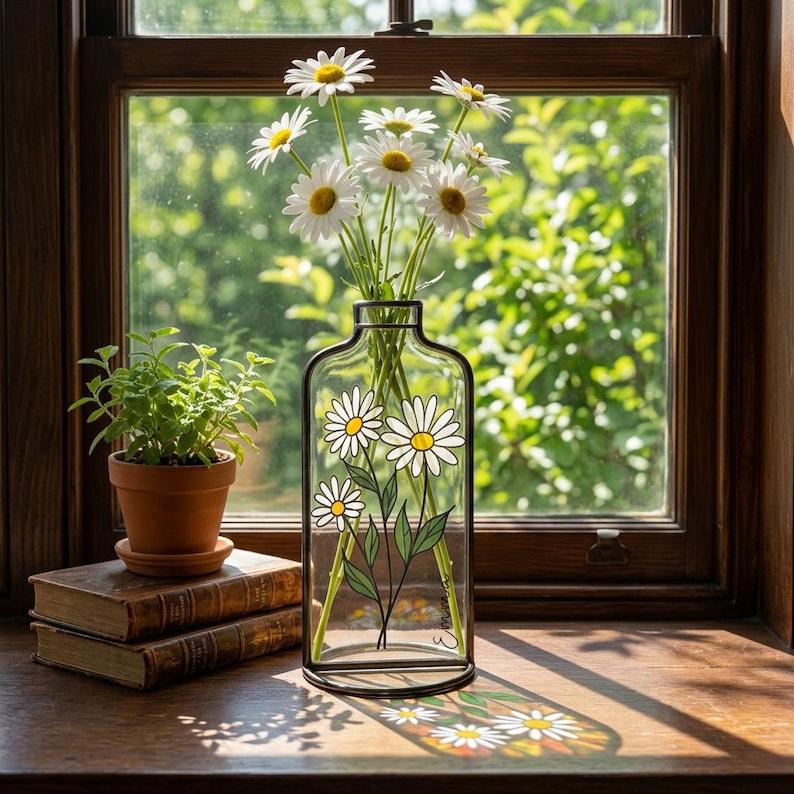Op de afbeelding: Een heldere glazen vaas met een zwart metalen frame, versierd met madeliefjes, bevat verse bloemen. Een kleine potplant en twee antieke boeken staan op een houten oppervlak, met een zonnig raam op de achtergrond.