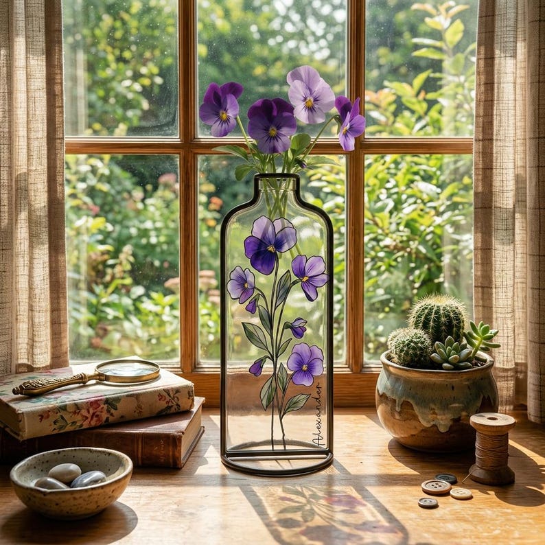 Op de afbeelding: Een heldere glazen vaas met een zwart metalen frame, gevuld met paarse viooltjes. De vaas heeft een geschilderd bloemenontwerp. Een kleine keramische kom met stenen, boeken en een vergrootglas staat op het houten oppervlak. Een cactus in een keramische pot is ook zichtbaar.