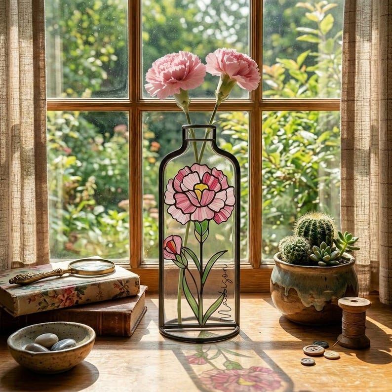 Op de afbeelding: Een heldere glazen vaas met een zwart metalen frame, met een roze bloemenontwerp en de naam "Madison". Twee roze anjers staan in de vaas. Een kleine cactus in een keramische pot staat op een houten oppervlak bij een raam.