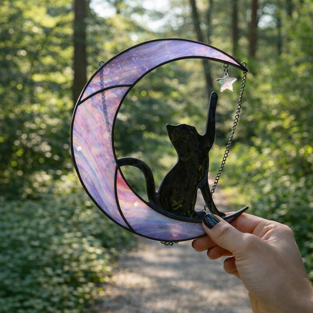 Stained Glass Cat on Moon Suncatcher, Celestial Window Decor - Etsy