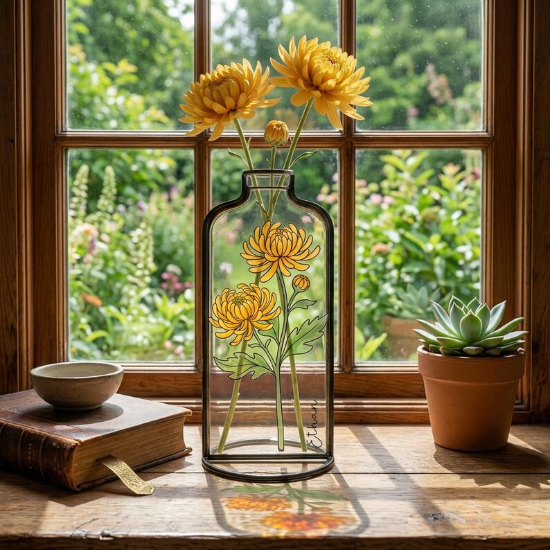 Op de afbeelding: Een heldere glazen vaas met een zwart metalen frame, met gele chrysanten. De vaas staat op een houten vensterbank, met een kleine vetplant in een terracotta pot en een vintage boek met een gouden bladwijzer.
