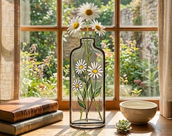 Custom Text Daisy Stained Glass Vase | April Birth Flower Suncatcher | Mother's Day Gift for Mom | Floral Decor
