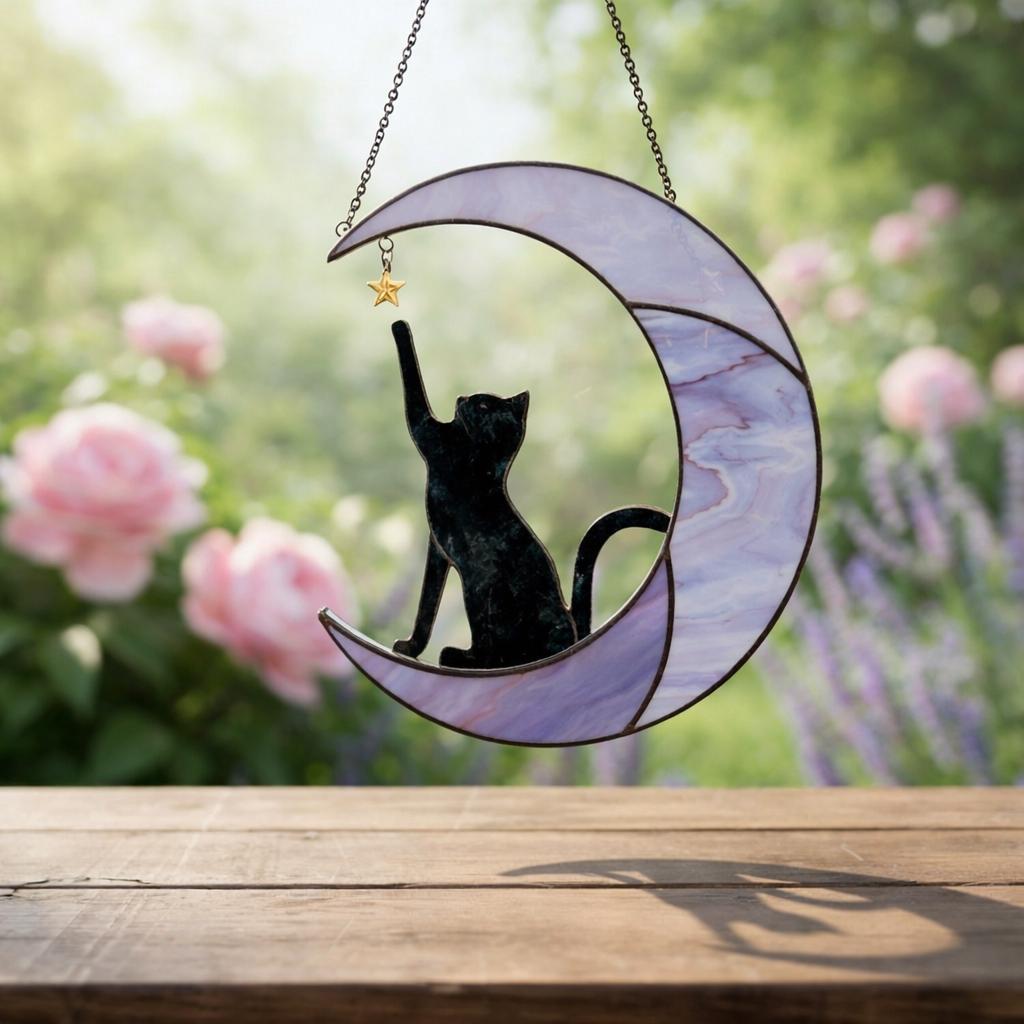 Stained Glass Cat on Moon Suncatcher, Celestial Window Decor - Etsy