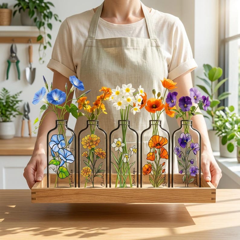 May include: A wooden tray holds five glass vases, each with a different flower and name. The flowers include blue morning glories, yellow and orange blooms, white daffodils, orange poppies, and purple pansies. The vases have black outlines.