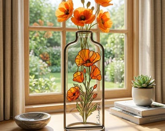 August Birth Flower Poppy Vase | Personalized Stained Glass Gift | Custom Text Birthday Decor | Mother's Day gift
