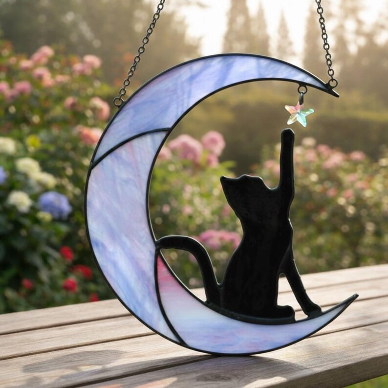 Stained Glass Cat on Moon Suncatcher, Celestial Window Decor - Etsy
