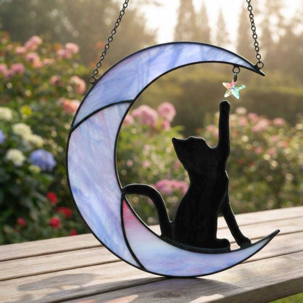 Stained Glass Cat on Moon Suncatcher, Celestial Window Decor - Etsy