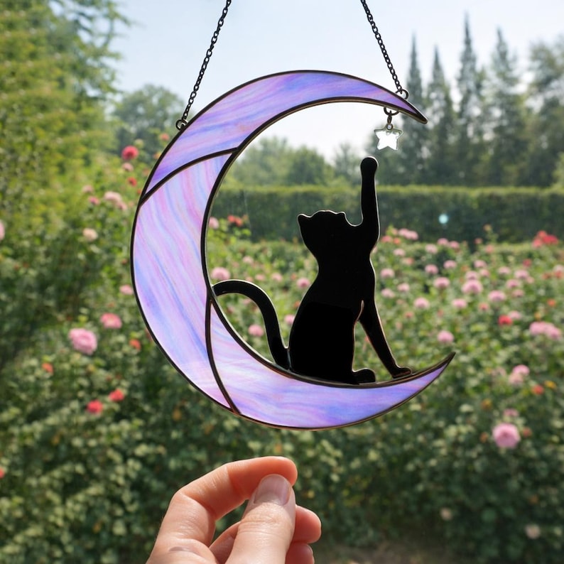 Stained Glass Cat on Moon Suncatcher, Celestial Window Decor - Etsy