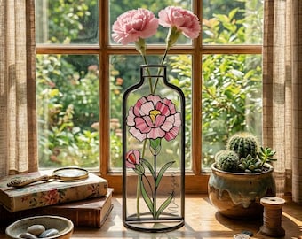 Witrażowy wazon z goździkami | Spersonalizowany prezent na Dzień Matki dla mamy | Łapacz słońca z motywem kwiatów na styczniowe narodziny | Spersonalizowany prezent kwiatowy dla babci