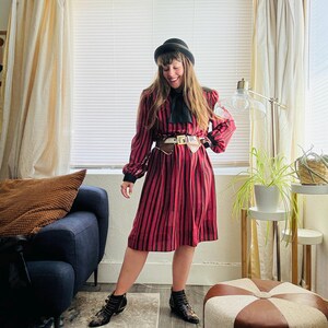 Vintage 80s Striped Elastic Waist Bow Secretary Dress | Size M-XL