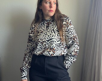 80s Adrianna Papell Silk Mixed Animal Print Blouse | Size Medium