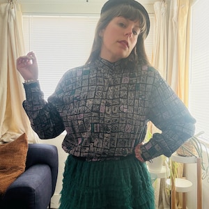 80s 90s Grey Abstract Print Button Down Blouse Jacket | Size S/M