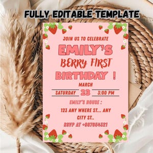 Editable Strawberry first Birthday Invitation Template / Berry First Birthday Invitation Template / Printable Birthday Invitation Template