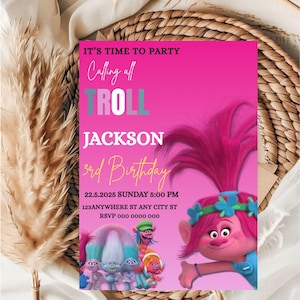 Editable Trolls Birthday Invitation Template / kids Favorite Trolls Birthday Invitation Template / Editable Kids Birthday Invitation