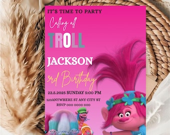 Editable Trolls Birthday Invitation Template / kids Favorite Trolls Birthday Invitation Template / Editable Kids Birthday Invitation