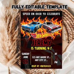 Bearbeitbares Hot Wheel Geburtstagseinladungsvorlage für Rennkinder / Racing Geburtstagseinladungsvorlage für Kindergeburtstagsfeier