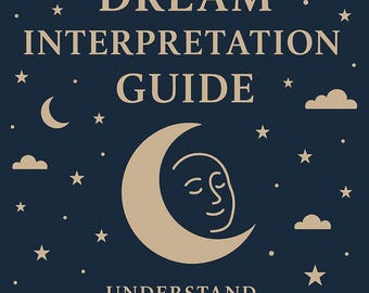 May include: A navy blue book cover with the title "THE ULTIMATE DREAM INTERPRETATION GUIDE" in beige lettering. The cover features a crescent moon with a face, stars, and clouds.