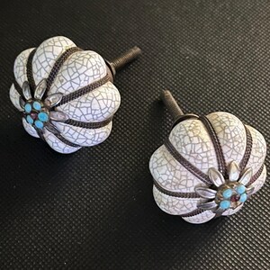 Vintage Cabinet Knobs Set of 2 Pumpkin Ceramic White Crackle Glaze Turquoise Blue Flower Drawer Pulls