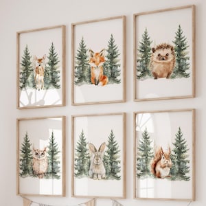Woodland Nursery Wall Art Set, Forest Animal Printable Decor, Deer Fox Hedgehog Rabbit Squirrel Owl, Baby Room (Digital Download)