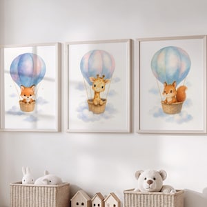 Hot Air Balloon Nursery Wall Art Set, Watercolor Animal Prints with Fox Giraffe Squirrel, Cloudy Sky Room Decor (Digital Download)