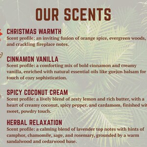 May include: A graphic with the text "OUR SCENTS" and descriptions of four scents: Christmas Warmth, Cinnamon Vanilla, Spicy Coconut Cream, and Herbal Relaxation. Each scent description includes a scent profile.