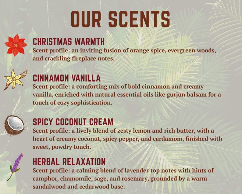 May include: A graphic with the text "OUR SCENTS" and descriptions of four scents: Christmas Warmth, Cinnamon Vanilla, Spicy Coconut Cream, and Herbal Relaxation. Each scent description includes a scent profile.