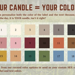 May include: Image showcasing a color palette for candle labels and text. The text reads "YOUR CANDLE = YOUR COLORS" and offers 18 color options, numbered 1-18, ranging from neutral tones to vibrant hues. The image encourages personalization with custom HEX codes.