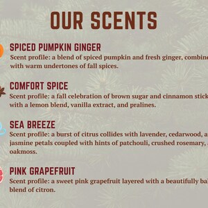 May include: A graphic with the text "OUR SCENTS" lists four scent profiles: Spiced Pumpkin Ginger, Comfort Spice, Sea Breeze, and Pink Grapefruit. Each profile includes a description of the scent's notes and ingredients.