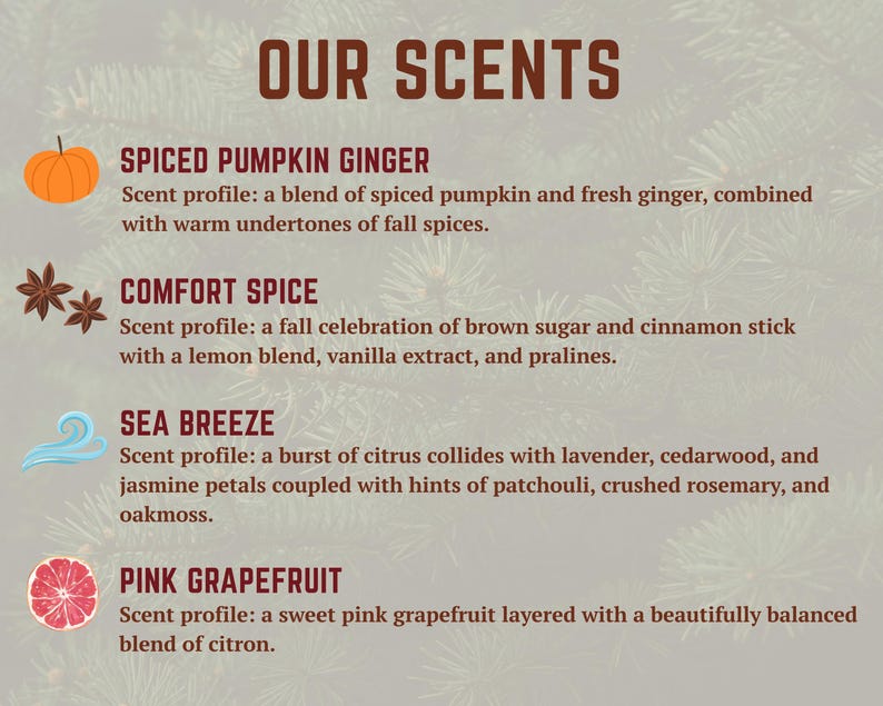 May include: A graphic with the text "OUR SCENTS" lists four scent profiles: Spiced Pumpkin Ginger, Comfort Spice, Sea Breeze, and Pink Grapefruit. Each profile includes a description of the scent's notes and ingredients.