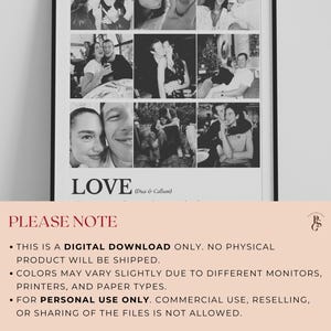 Peut inclure: Impression encadr&eacute;e en noir et blanc pr&eacute;sentant un collage de neuf photos d'un couple. Le mot "LOVE" est imprim&eacute; en bas, avec les noms "Dua & Callum" en dessous. Il s'agit d'un t&eacute;l&eacute;chargement num&eacute;rique.