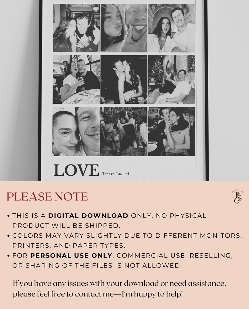 Peut inclure: Impression encadr&eacute;e en noir et blanc pr&eacute;sentant un collage de neuf photos d'un couple. Le mot "LOVE" est imprim&eacute; en bas, avec les noms "Dua & Callum" en dessous. Il s'agit d'un t&eacute;l&eacute;chargement num&eacute;rique.