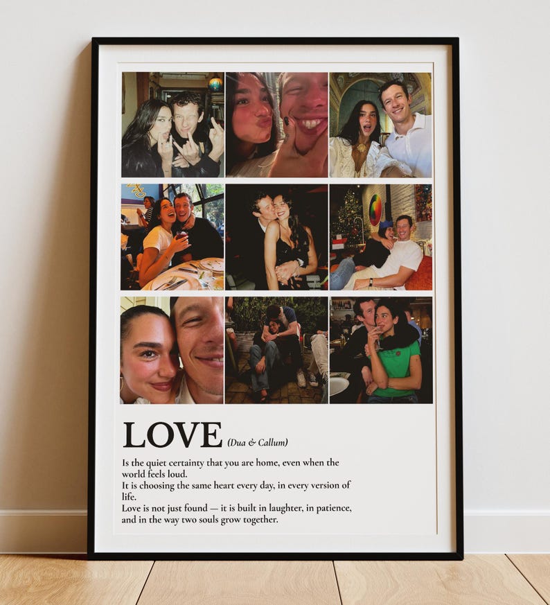 Peut inclure: Impression encadr&eacute;e noire avec un collage de neuf photos de couples. L'impression comprend le mot "LOVE" et une citation sur l'amour. Les photos montrent des personnes souriantes et s'embrassant dans diff&eacute;rents contextes.