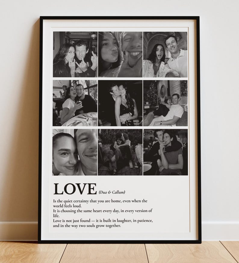Peut inclure: Impression encadr&eacute;e en noir et blanc avec un collage de neuf photographies de couples. Le mot "LOVE" est imprim&eacute; en grandes lettres en gras en bas, avec une citation sur l'amour en dessous. L'impression est dans un cadre noir.