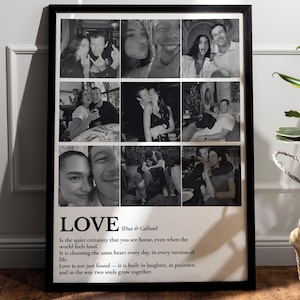 Peut inclure: Impression encadr&eacute;e en noir et blanc avec un collage de photos d'un couple. Le mot "LOVE" est imprim&eacute; en bas, avec une citation sur l'amour. Le cadre est noir.