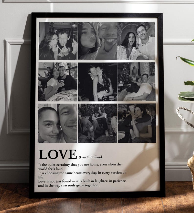 Peut inclure: Impression encadr&eacute;e en noir et blanc avec un collage de photos d'un couple. Le mot "LOVE" est imprim&eacute; en bas, avec une citation sur l'amour. Le cadre est noir.