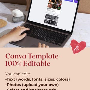 Peut inclure: Un ordinateur portable affiche un mod&egrave;le Canva avec le mot "LOVE" et plusieurs photos. Le mod&egrave;le est 100% modifiable, permettant aux utilisateurs de personnaliser le texte, les photos et les arri&egrave;re-plans. Le texte "Canva Template 100% Editable" est &eacute;galement pr&eacute;sent.