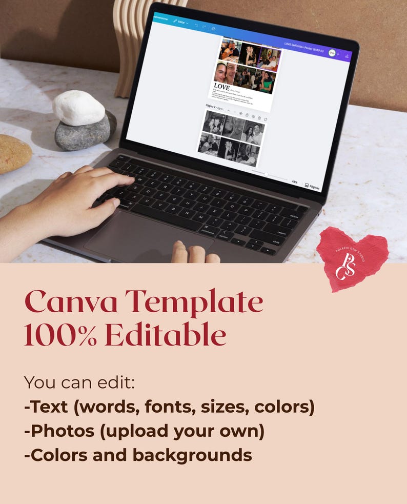 Peut inclure: Un ordinateur portable affiche un mod&egrave;le Canva avec le mot "LOVE" et plusieurs photos. Le mod&egrave;le est 100% modifiable, permettant aux utilisateurs de personnaliser le texte, les photos et les arri&egrave;re-plans. Le texte "Canva Template 100% Editable" est &eacute;galement pr&eacute;sent.