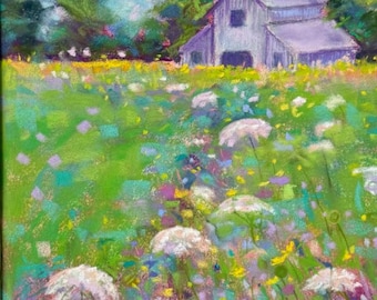 wildflowers Meadow landscape barn ORIGINAL pastel painting  art Queen Annes lace grasses impressionistic