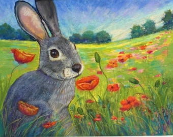 Jack Rabbit meadow Painting: Whimsical Bunny Art poppies  (9x12)