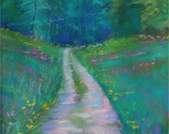 woodland path trail Art painting landscape ORIGINAL pastel trees wildflowers central Florida