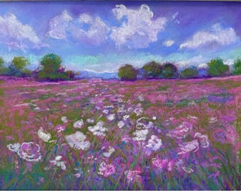 Pink Wildflower  Meadow ORIGINAL pastel painting  grasses Art  landscape sky skies cloud