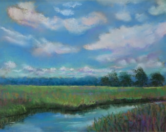 backwaters kayak trail Art painting landscape ORIGINAL wetlands marsh canal Florida skies clouds