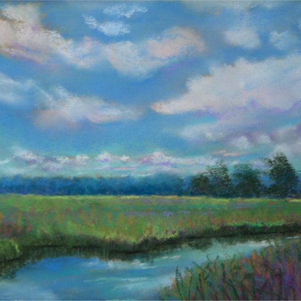 backwaters kayak trail Art painting landscape ORIGINAL wetlands marsh canal Florida skies clouds
