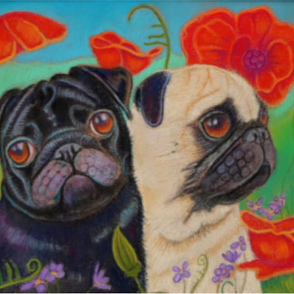 Fawn Pug art Black pug fawn pug  painting landscape ORIGINAL Dog Art pugs whimsical poppies